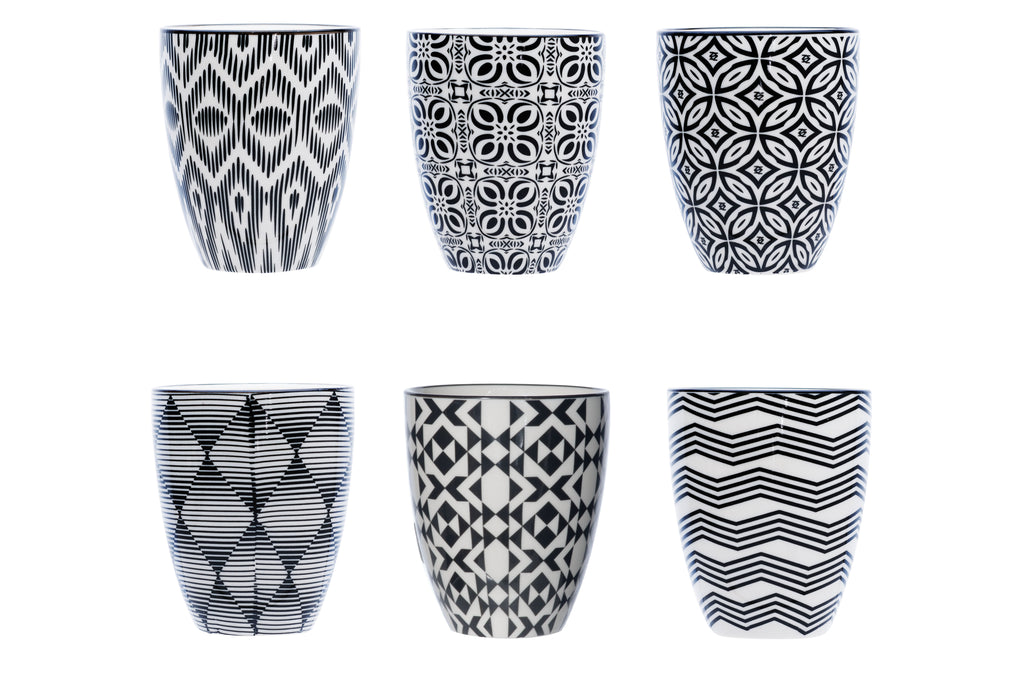 Cosy & Trendy Nikko Black Bekers – 20 cl – Zonder Oor – Porselein – Set van 6 – Assorti Zwart/Wit