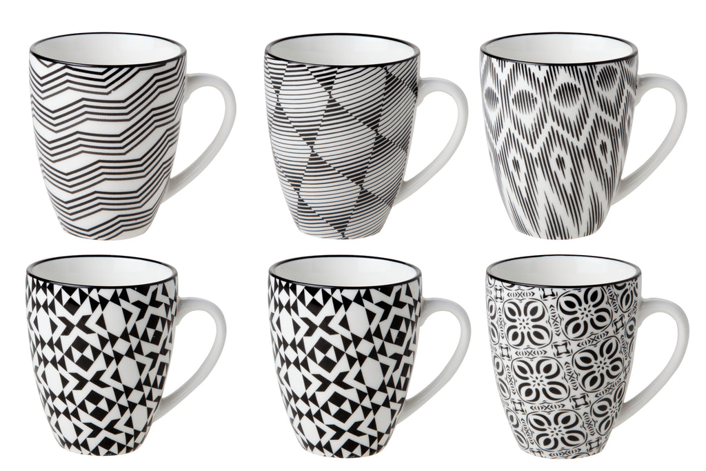 Cosy & Trendy Nikko Black Mok – 19 cl – Porselein – Assorti Zwart/Wit – Set van 6
