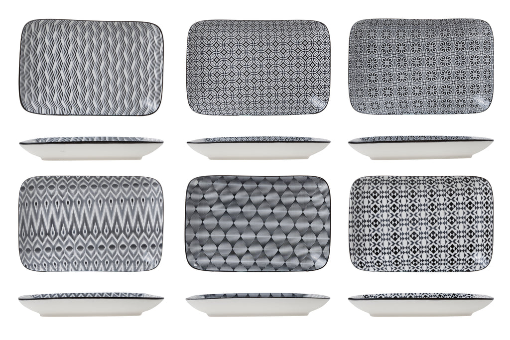 Cosy & Trendy Nikko Black Rechthoekige borden – 26 x 17,5 cm – Porselein – Set van 6 – Assorti Zwart/Wit