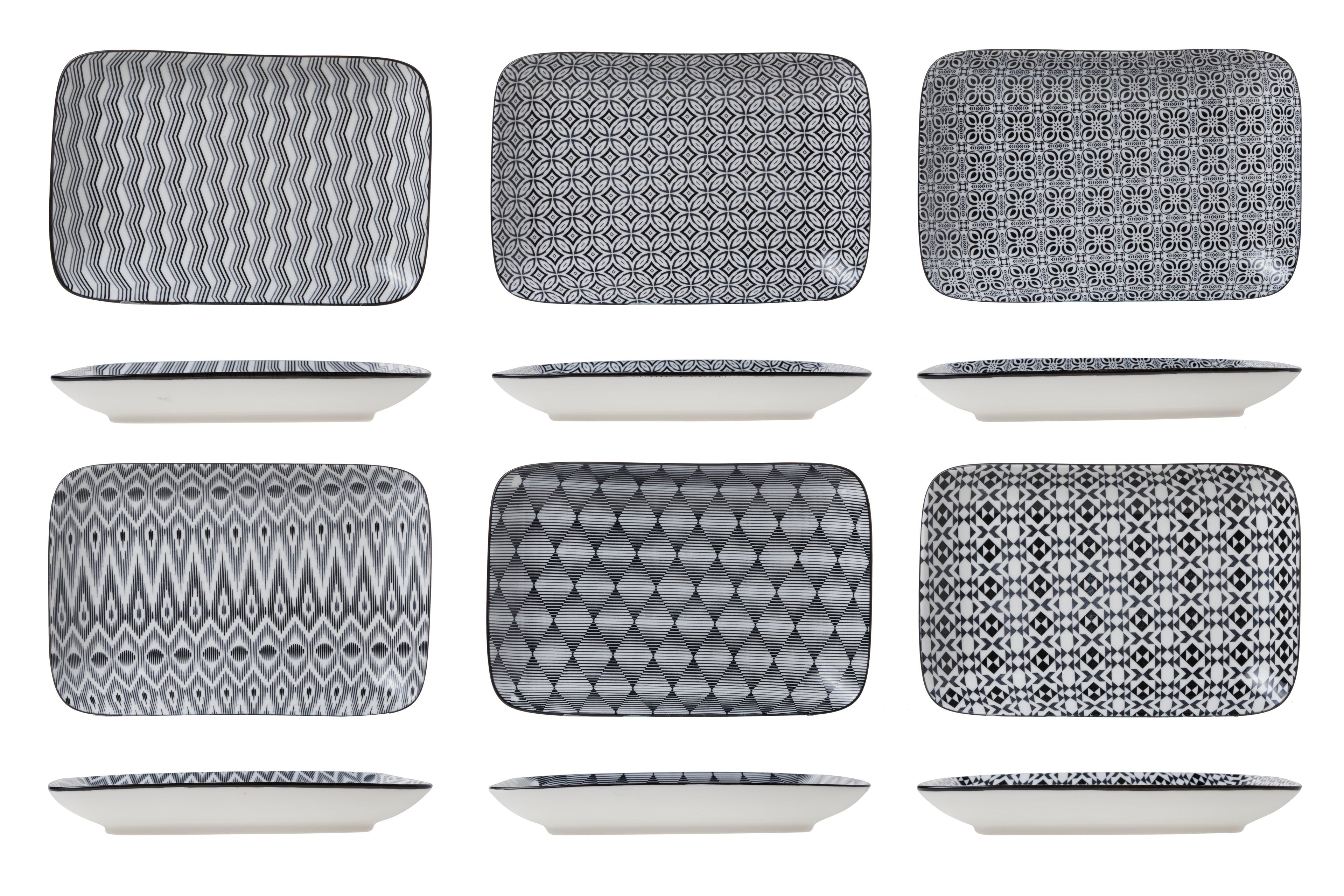 Cosy & Trendy Nikko Black Rechthoekige borden – 26 x 17,5 cm – Porselein – Set van 6 – Assorti Zwart/Wit