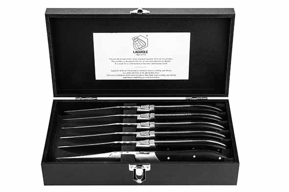 Coffret de 6 couteaux à steak Laguiole Luxury Line – Ébène noire – Emballage cadeau